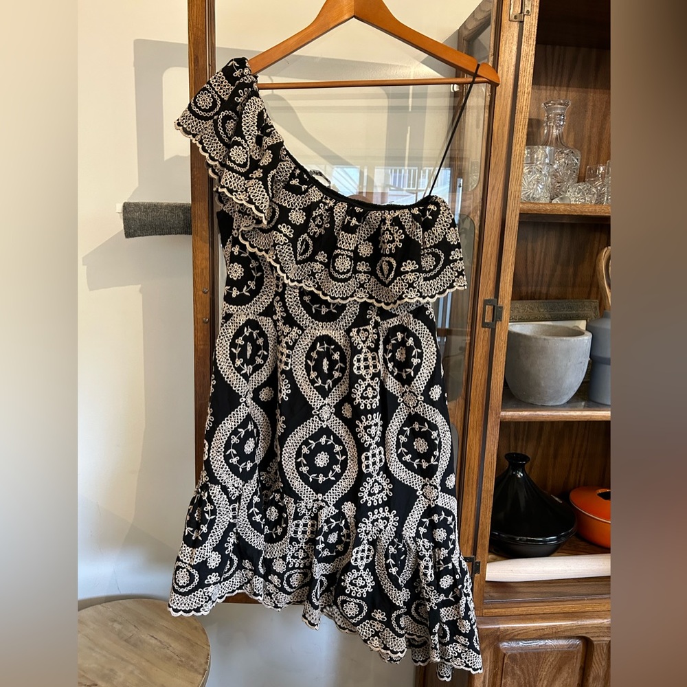 LoveShackFancy Black 'Pamela' One-shoulder Broderie Anglaise Cotton Dress Lrg